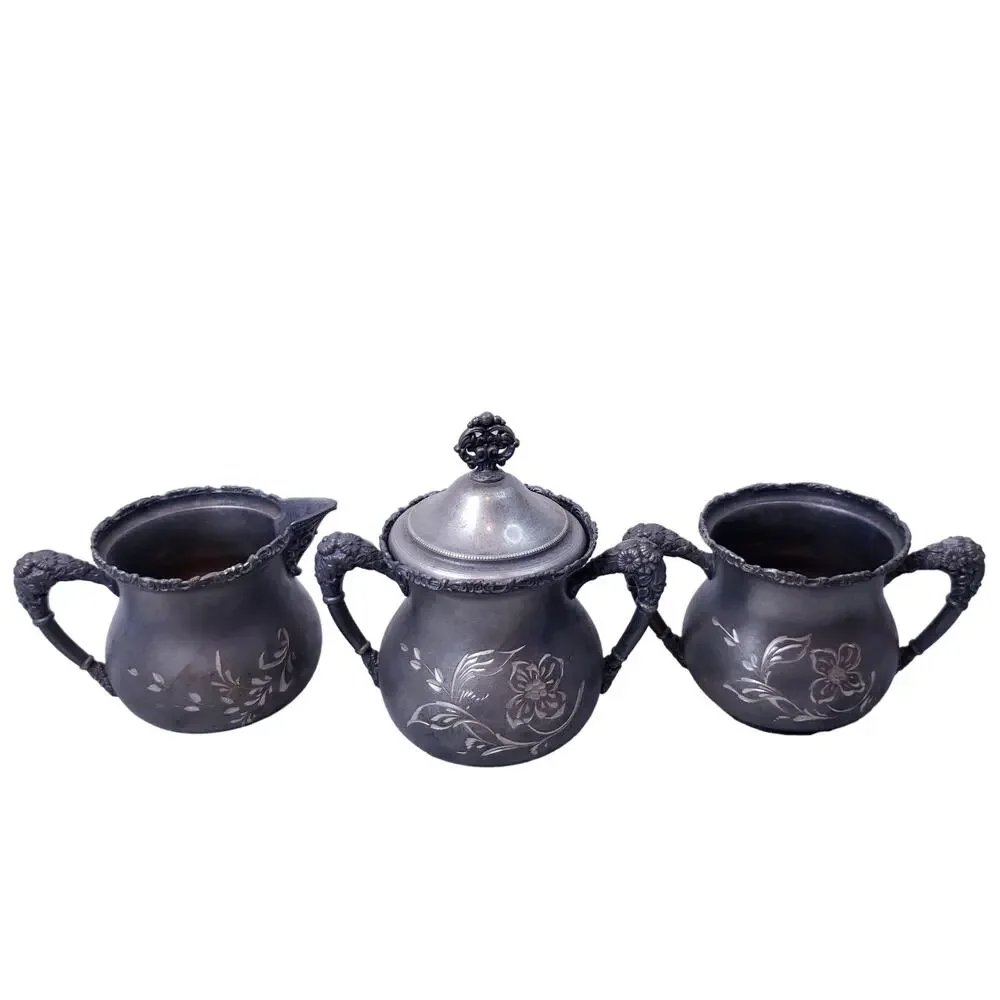 Antique Silverplate Etched Spooner Sugar Creamer 4pc Set Engraved Vintage Decor